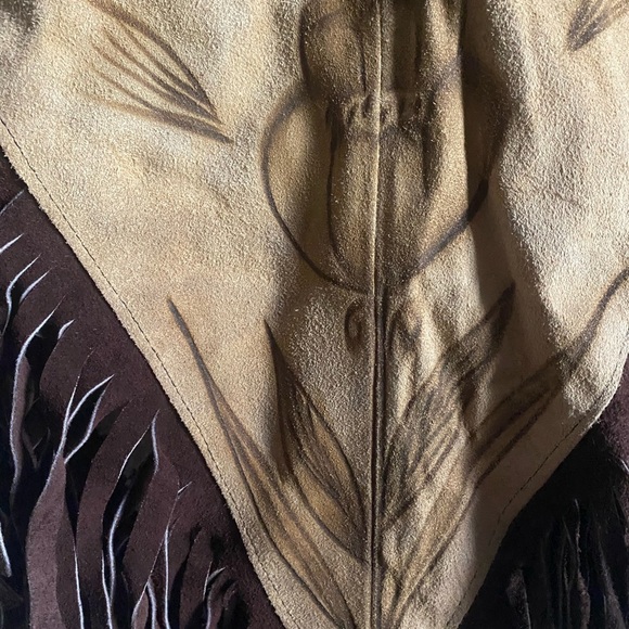 Vintage HECHO EN MEXICO Leather Suede Floral Western Brown Tan Fringed Poncho - Picture 10 of 16